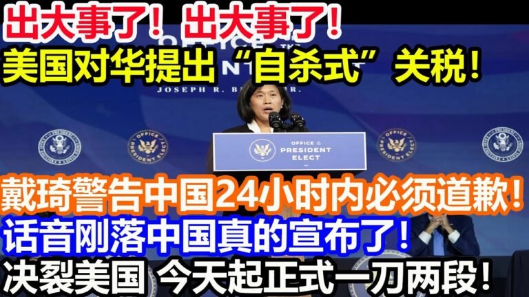 出大事了！出大事了！美国对华提出“自杀式”关税！戴琦警告中国24小时内必须道歉！话音刚落中国真的宣布了！决裂美国 今天起正式一刀两段！