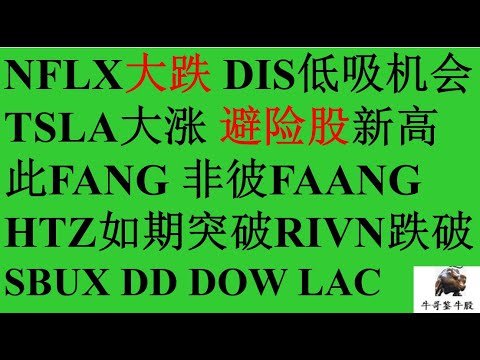 380 NFLX大跌DIS机会 TSLA大涨 避险股新高XLP KO SYY WMT HRL TSN CALM SAFM FANG OXY HTZ如期突破RIVN跌破SBUX抄底 DD DOW LAC