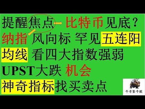 428 提醒焦点 比特币见底？纳指风向标 罕见五连阳 均线看四大指数强弱 UPST大跌机会神奇指标找买卖点