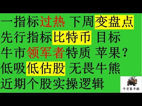 456 一指标过热 下周变盘点 先行指标比特币 目标 牛市领军者特质 AAPL具备吗？ 低吸低估股 无畏牛熊 近期个股实操逻辑