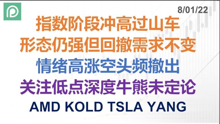 美股分析 AMD KOLD TSLA YANG 指数阶段冲高过山车 形态仍强但回撤需求不变 情绪高涨空头频撤出 关注低点深度牛熊未定论