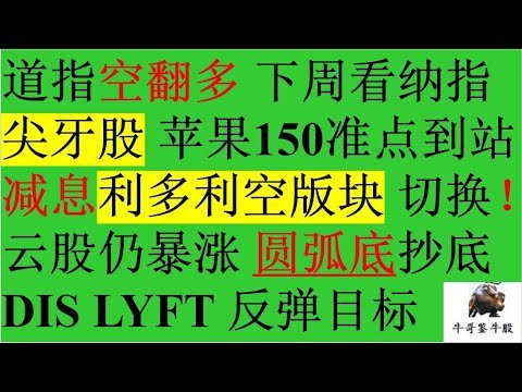 505 道指空翻多下周看纳指 减息利多利空版块切换！云股仍暴涨 圆弧底抄底ARKK AAPL TSLA CPB UNH NET MDB VRNS CTLT DVA RYAN DIS LYFT TRIP